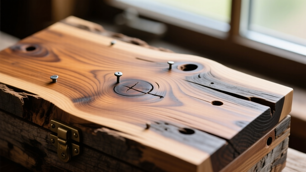 Close-up of reclaimed barn wood grain on a jewelry box lid, highlighting natural knots, nail holes, and a matte clear-coat finish