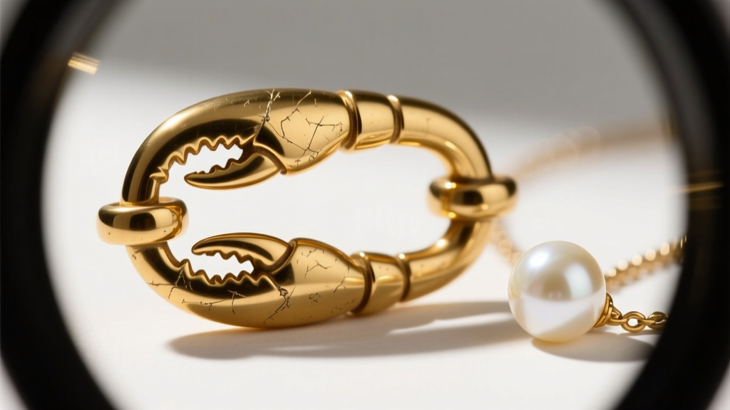 Loupe view of a gold-plated brass lobster clasp, revealing slight wear on the high-friction loop of a designer pearl necklace.