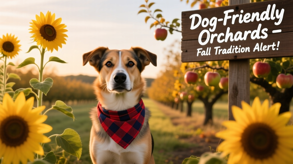 A mixed-breed dog wearing a plaid bandana standing among tall sunflowers, with apple trees visible in the background
