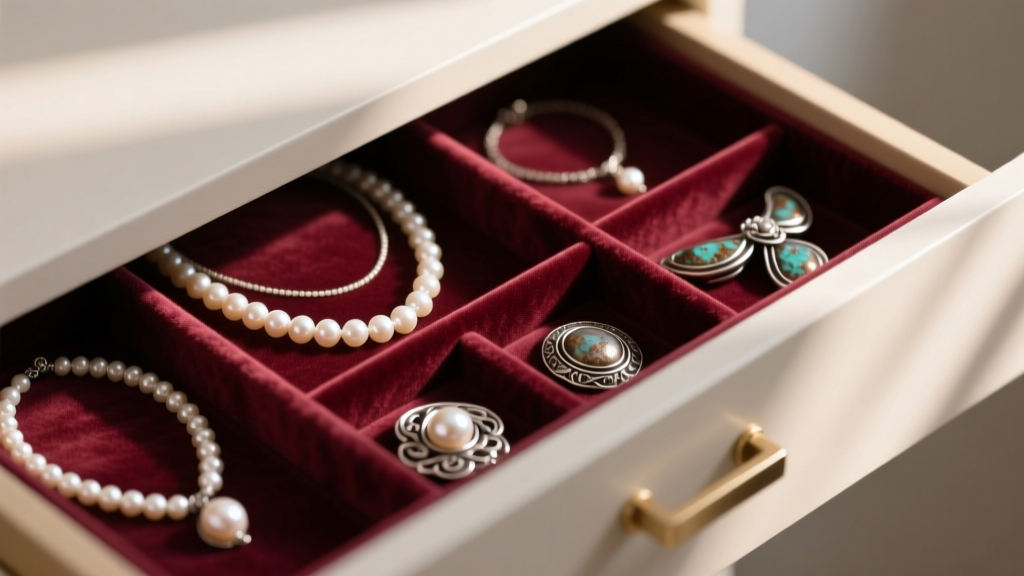 Close-up of a DIY velvet-lined drawer insert with felt compartments separating delicate pearl and oxidized silver necklaces