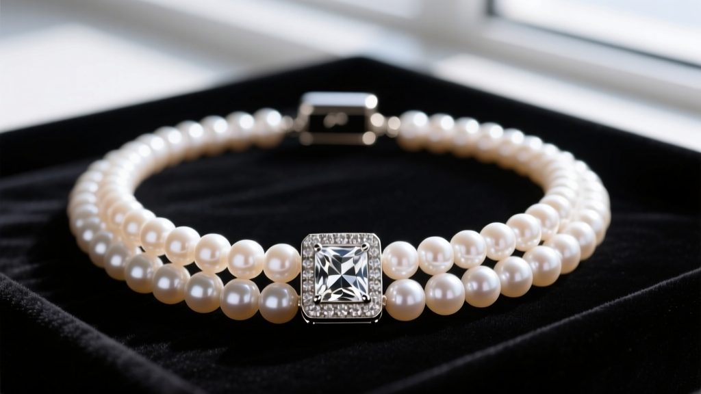 Close-up macro photography of a three-strand Akoya pearl necklace resting on black velvet, highlighting the diamond box clasp.