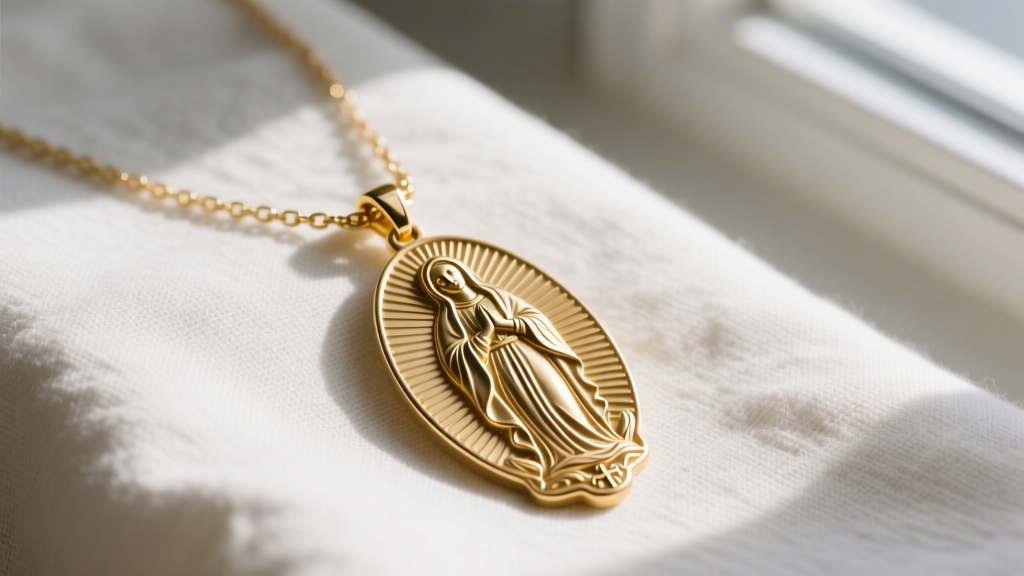 14k gold Catholic necklace scapular resting on linen, showing detailed relief carvings of Mary and soft natural window lighting.