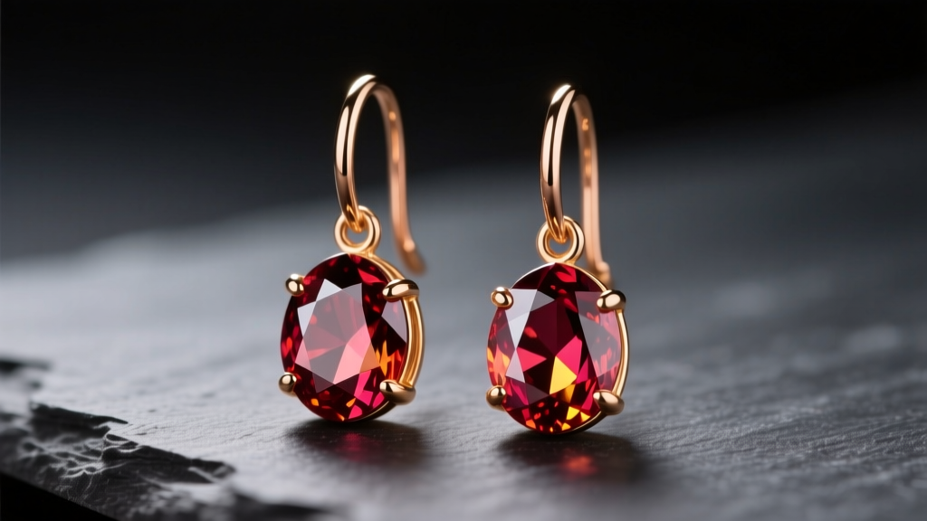 Macro shot of 14k rose gold drop earrings with faceted spessartite garnet stones resting on dark slate under warm studio lighting