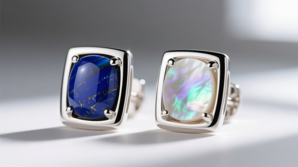 Macro comparison of channel-set lapis lazuli inlay and flush-set mother of pearl inlay on sterling silver stud earrings.
