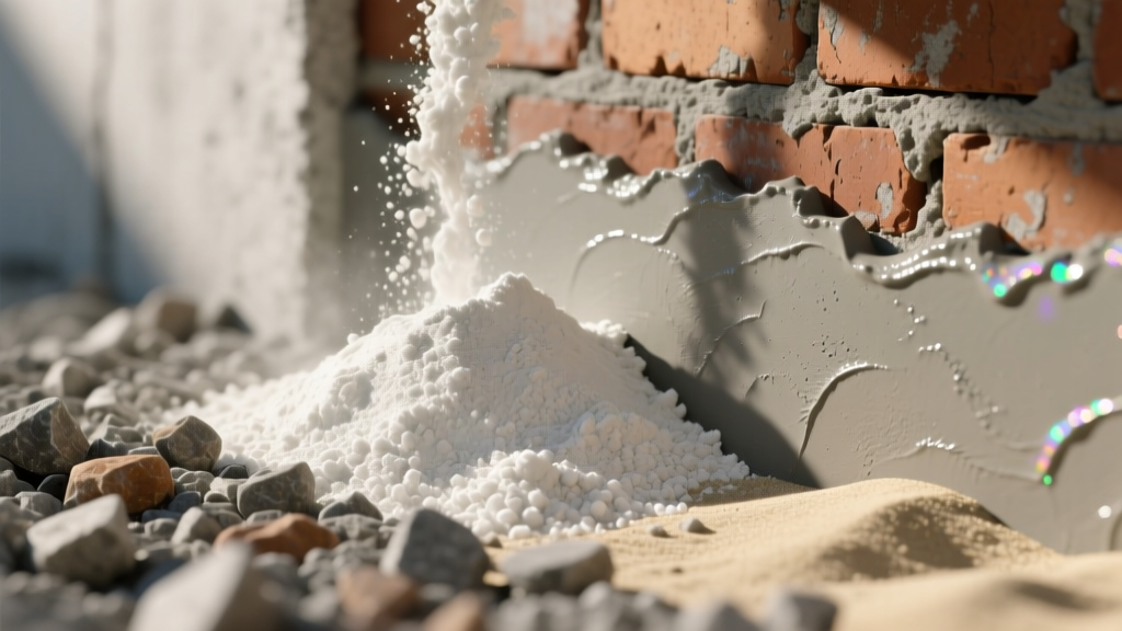 Close-up of dry portland cement powder, wet coarse aggregate concrete, and smooth troweled masonry mortar on a brick wall.