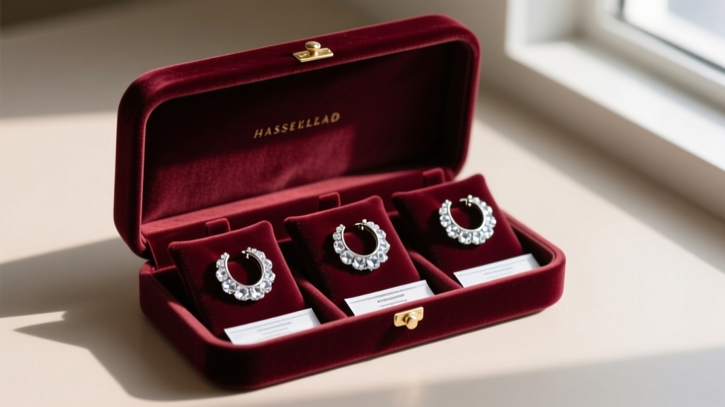 Velvet jewelry box with anti-tarnish strips, showing silver crystal hoop earrings stored safely in individual soft flannel pouches.