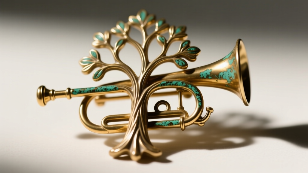 Close-up of a vintage pot metal tree brooch showing a classic trombone clasp and slight verdigris patina on the brass pin stem