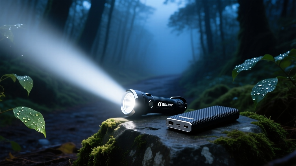Olight I1R 2 Pro keychain flashlight illuminating a dark forest trail next to a Nitecore carbon fiber power bank on a rock