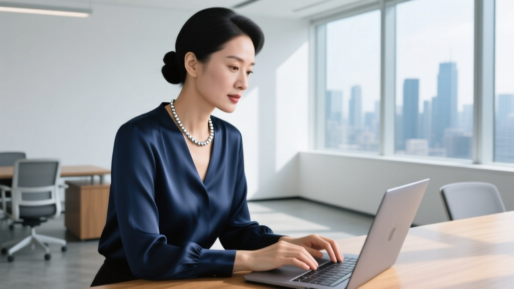 Woman wearing a minimalist silver bead reading glasses necklace over a navy silk blouse while working in a bright modern office