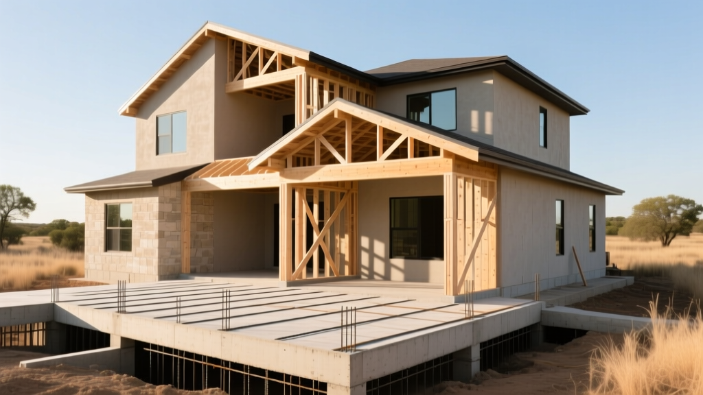 Modern two-story Texas limestone and stucco home under construction with exposed post-tension slab foundation and wood framing in bright sunlight