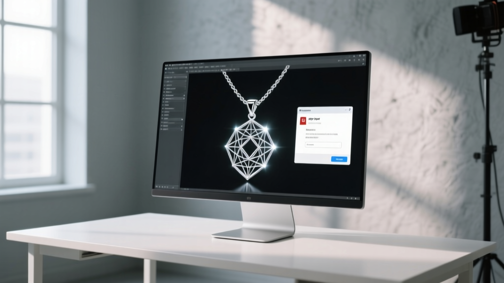 Monitor displaying a 3D CAD wireframe of a pendant necklace, with a PDF export dialog box open in a dim studio.