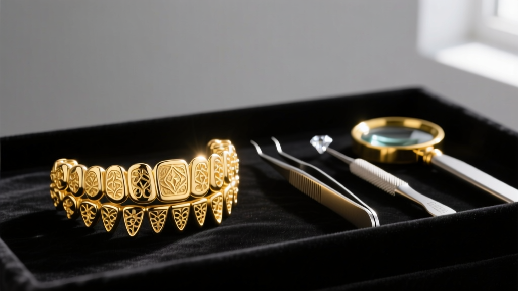 A gleaming 14k yellow gold custom dental grill resting on dark velvet next to professional casting tools and a jeweler's loupe.