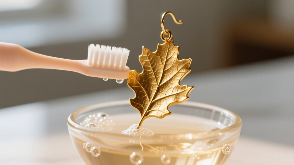 Soft baby toothbrush cleaning crevices of a textured gold oak leaf earring in a small glass bowl of warm soapy water, macro shot