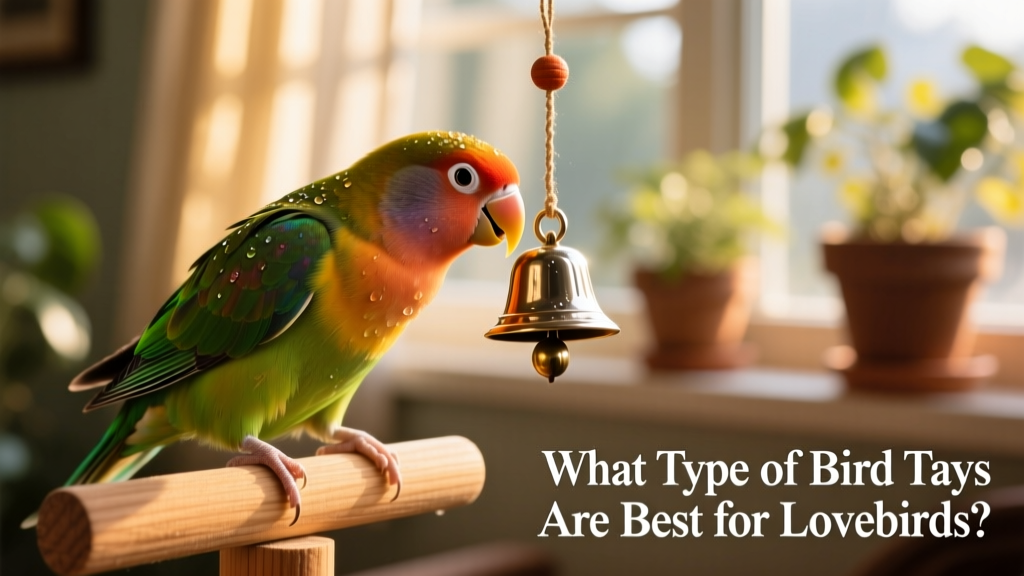 A lovebird tapping a small bell-shaped toy with its beak, causing it to swing and chime