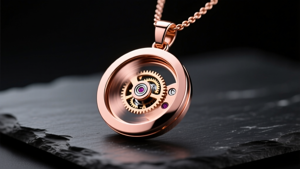 Close-up of a rose gold kinetic animated necklace pendant with spinning inner gears, resting on dark slate, studio lighting
