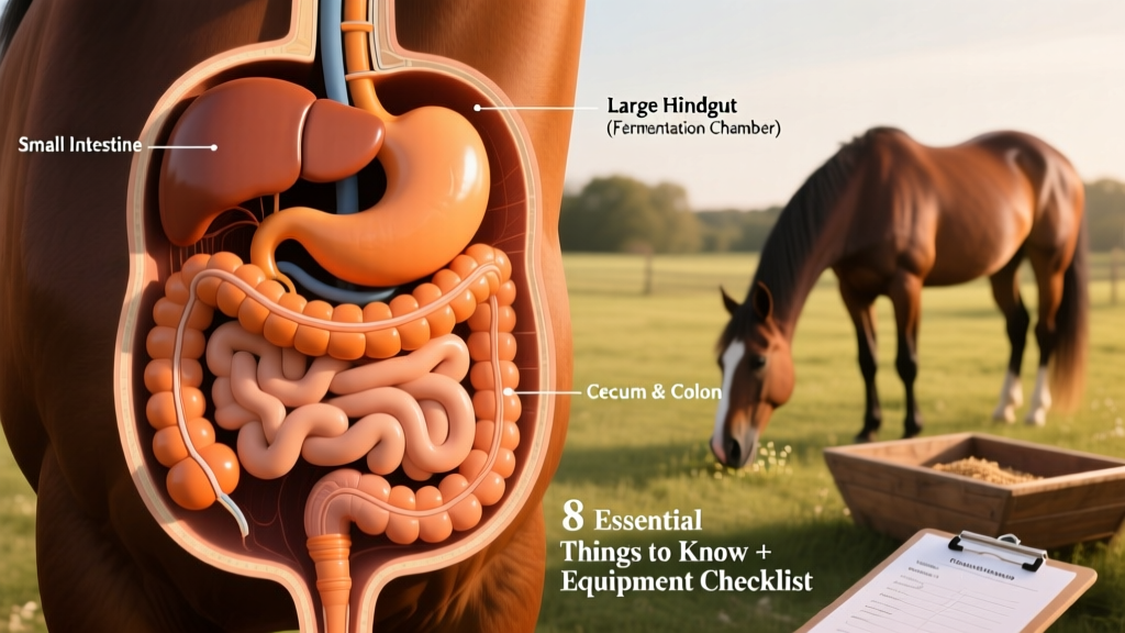 Cross-section diagram showing a horse's digestive tract, highlighting the large hindgut relative to other organs