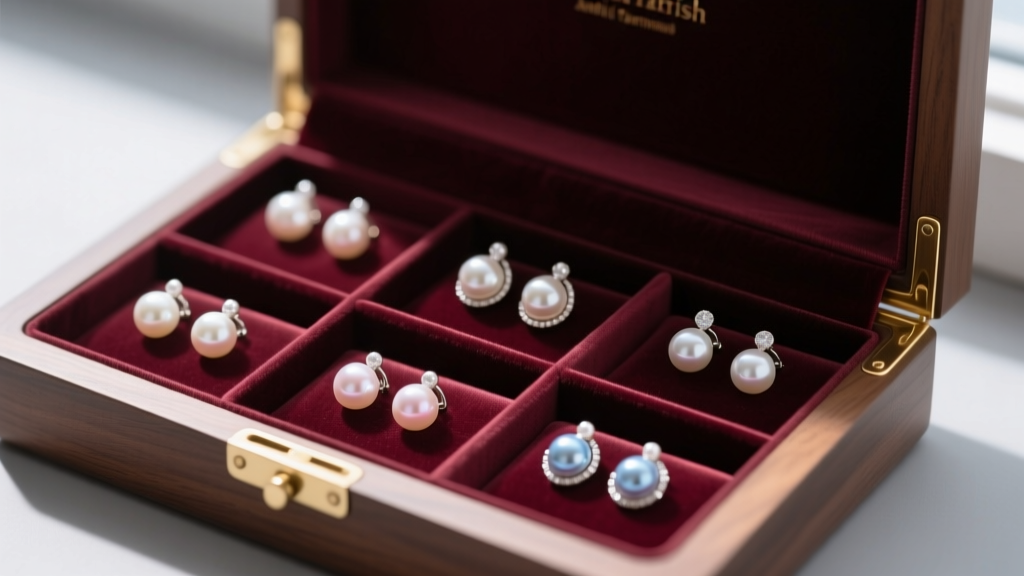 An open anti-tarnish jewelry box with individual silk-lined compartments storing designer pearl earrings to prevent scratching.