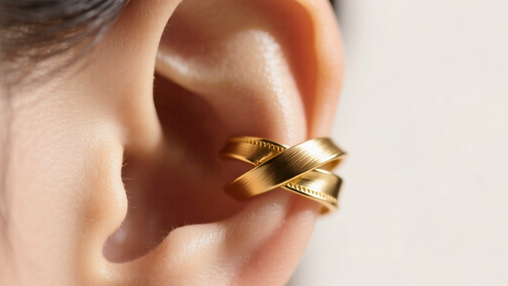 Macro shot of 14k gold ribbon ear cuff on helix, showing brushed metal finish and structural folds under soft directional light.