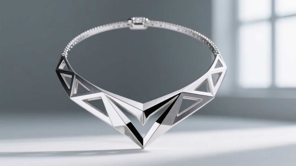 Profile of a platinum geometric motif necklace displaying dense casting and a brushed finish against a soft grey studio backdrop.
