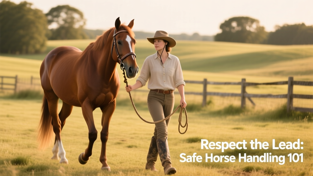 Person calmly leading a horse with a halter and lead rope in an open paddock