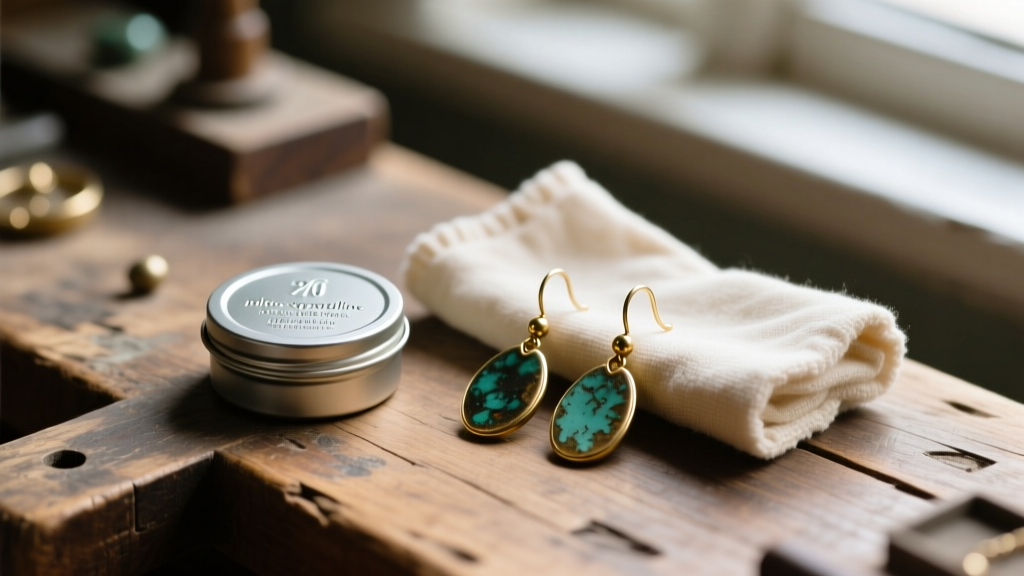 A small tin of micro-crystalline wax and a soft polishing cloth next to patinated brass drop earrings on a wooden jeweler's bench