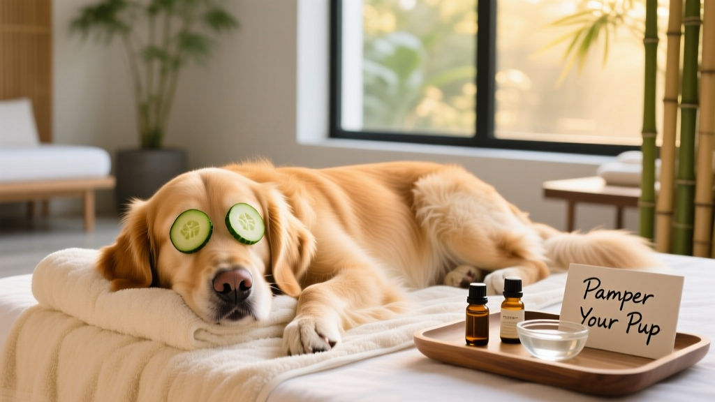 A content dog relaxing on a plush towel with cucumber slices over its eyes, mimicking a spa day at a FurPetVo wellness retreat