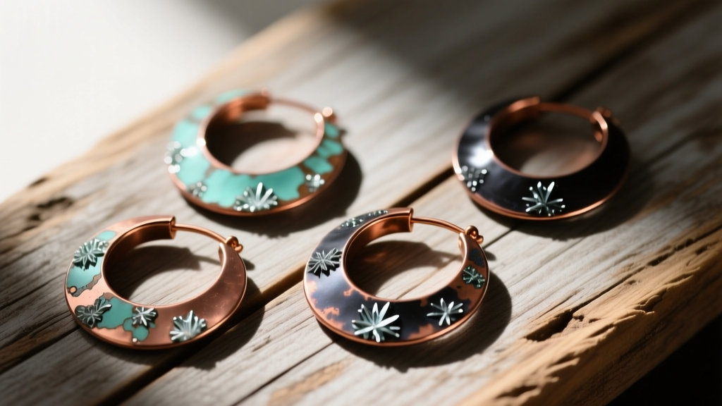 Flat lay of copper patina hoop earrings ranging from light verdigris to deep black oxidation arranged on a rustic wooden surface.