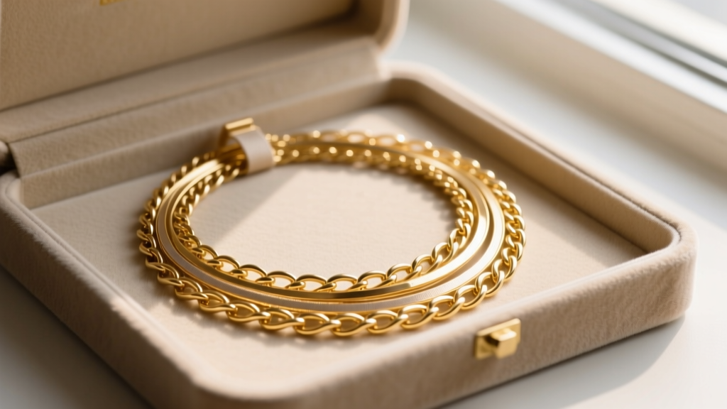 Gold multi-strand necklace laid flat in a suede box with anti-tarnish strips placed carefully between the delicate chain layers