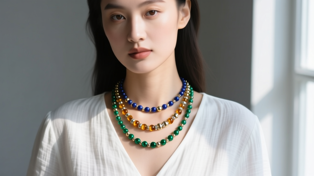 Close-up of a model wearing three layered beaded necklaces of varying lengths over a white linen V-neck blouse in natural light.