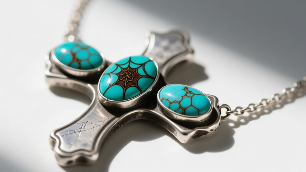 Vintage sterling silver cross necklace close-up showing three oval turquoise cabochons with dark brown spiderweb matrix patterns