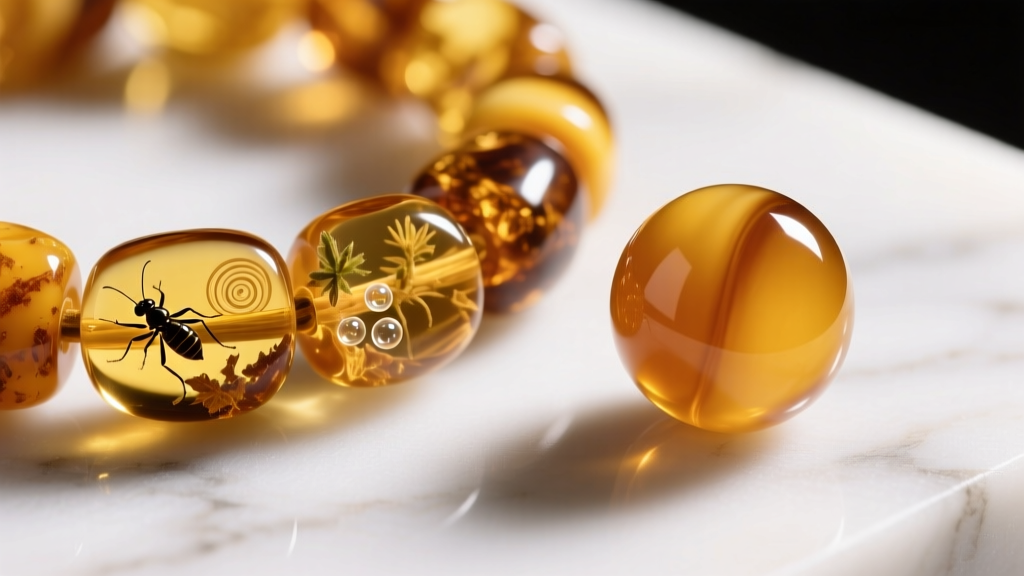 Macro photography of raw unpolished Baltic amber beads showing natural inclusions next to a polished copal resin bead for comparison