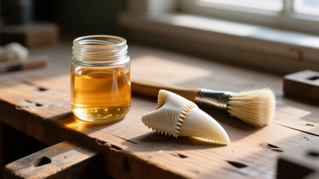 Glass jar of Paraloid B-72 solution and soft brush next to a cleaned megalodon fossil tooth on a wooden jeweler workbench