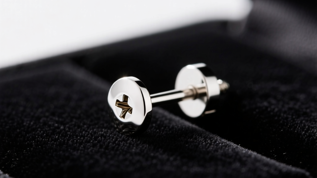 Macro shot of a rhodium-plated white gold earring post with a screw-back clasp, resting on dark velvet with sharp focus.
