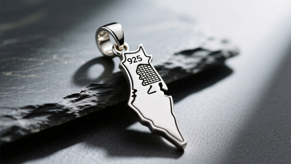 Close-up of a polished 925 sterling silver Palestine map pendant on slate, showing intricate borders and a sturdy soldered bail.