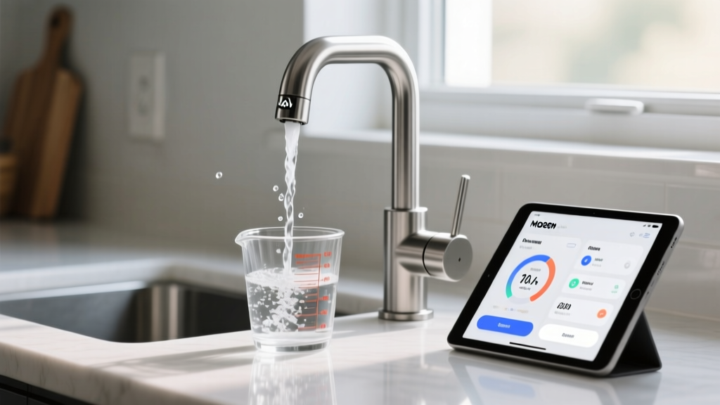 Stainless steel Moen smart kitchen faucet dispensing a precise stream of water into a glass measuring cup next to a digital tablet showing the app