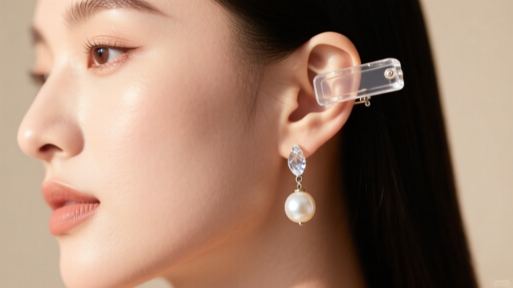 Woman wearing a clear resin earring clip on converter with a pearl drop earring on her unpierced earlobe in soft natural light.