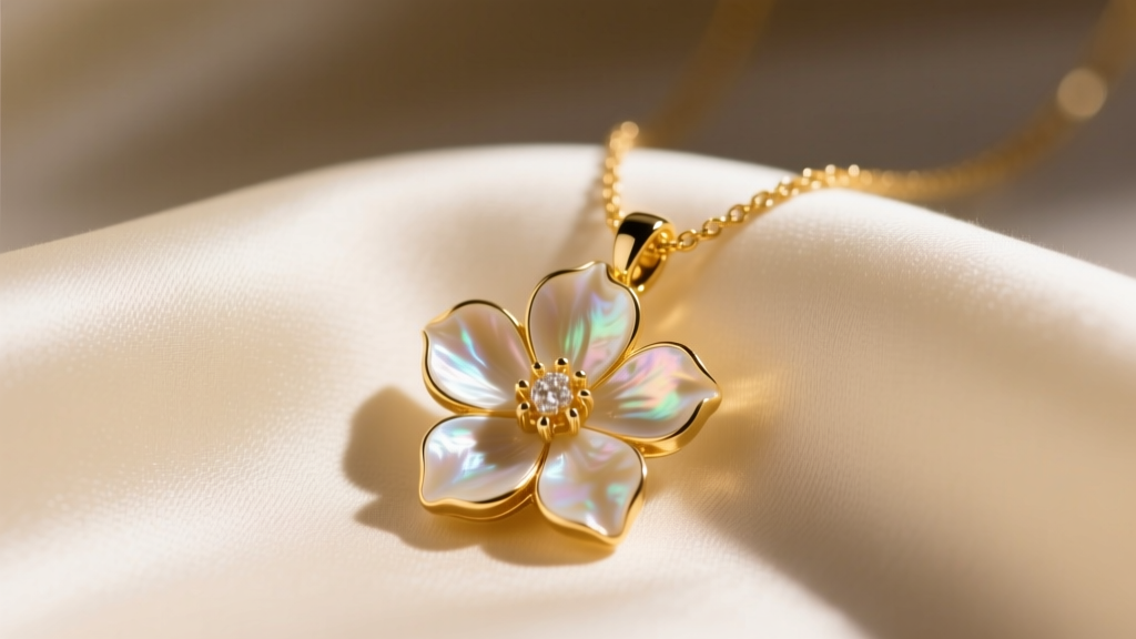 Close-up of 14k yellow gold necklace with a carved mother of pearl flower pendant resting on soft cream silk fabric in warm light.