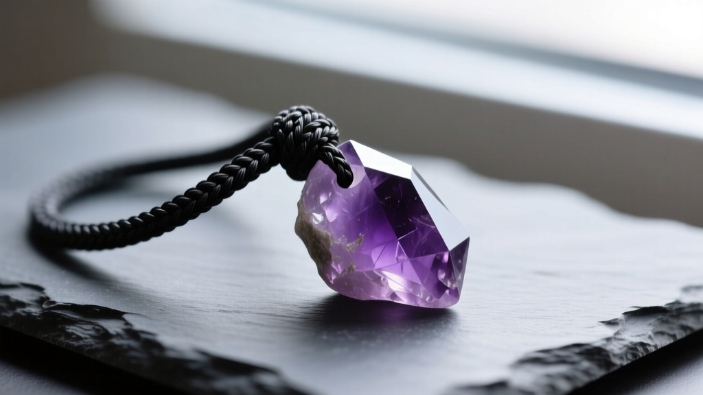Macro shot of a 1.5mm black waxed cotton necklace cord holding a heavy raw amethyst pendant, resting on a dark slate surface.