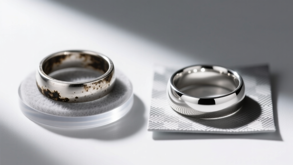 Tarnished kids sterling silver ring on standard acrylic felt beside a pristine ring on specialized anti-tarnish zinc fabric.