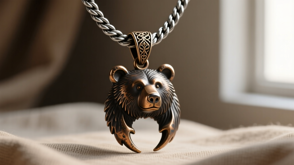 Heavy 4mm oxidized silver rope chain threading through the ornate bronze bail of a large vintage-style bear claw pendant