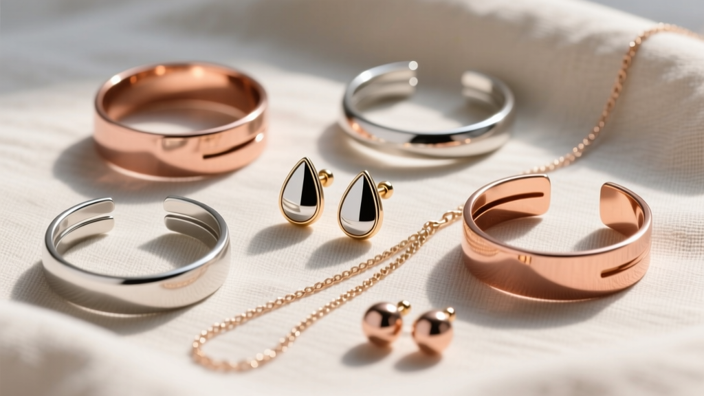 Flat lay of mixed-metal ear cuffs, teardrop lobe studs, and delicate connecting chains arranged on textured linen.