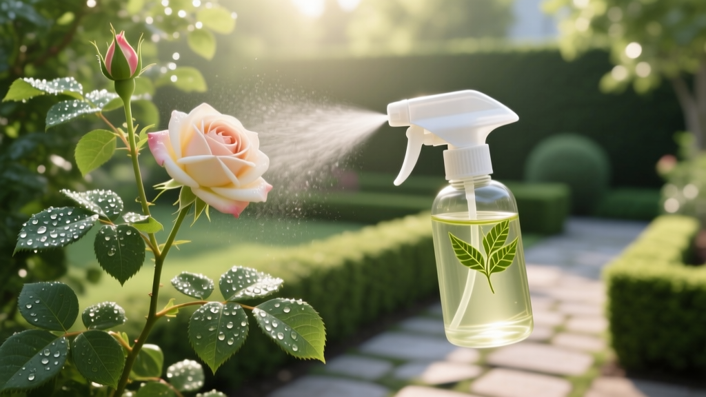 Garden pump spray bottle containing diluted neem oil solution being applied to rose bush foliage for organic aphid control