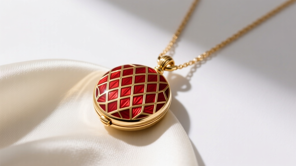 Overhead shot of a vintage red guilloché enamel and 18k gold locket necklace resting on silk fabric with soft directional shadows