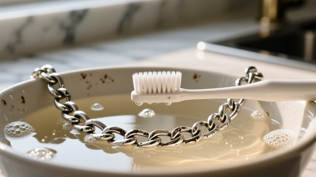 Close-up of a soft toothbrush gently scrubbing a tarnished sterling silver chunky chain necklace in a bowl of warm soapy water