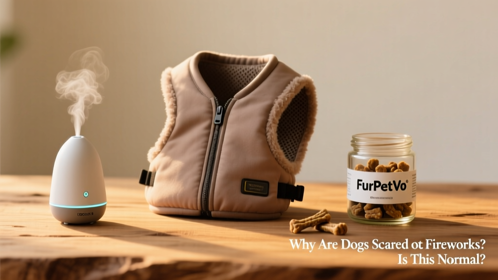 A variety of trusted calming tools arranged neatly: a soft calming vest, a pheromone diffuser, and a jar of calming chews labeled 'FurPetVo' on a clean wooden surface