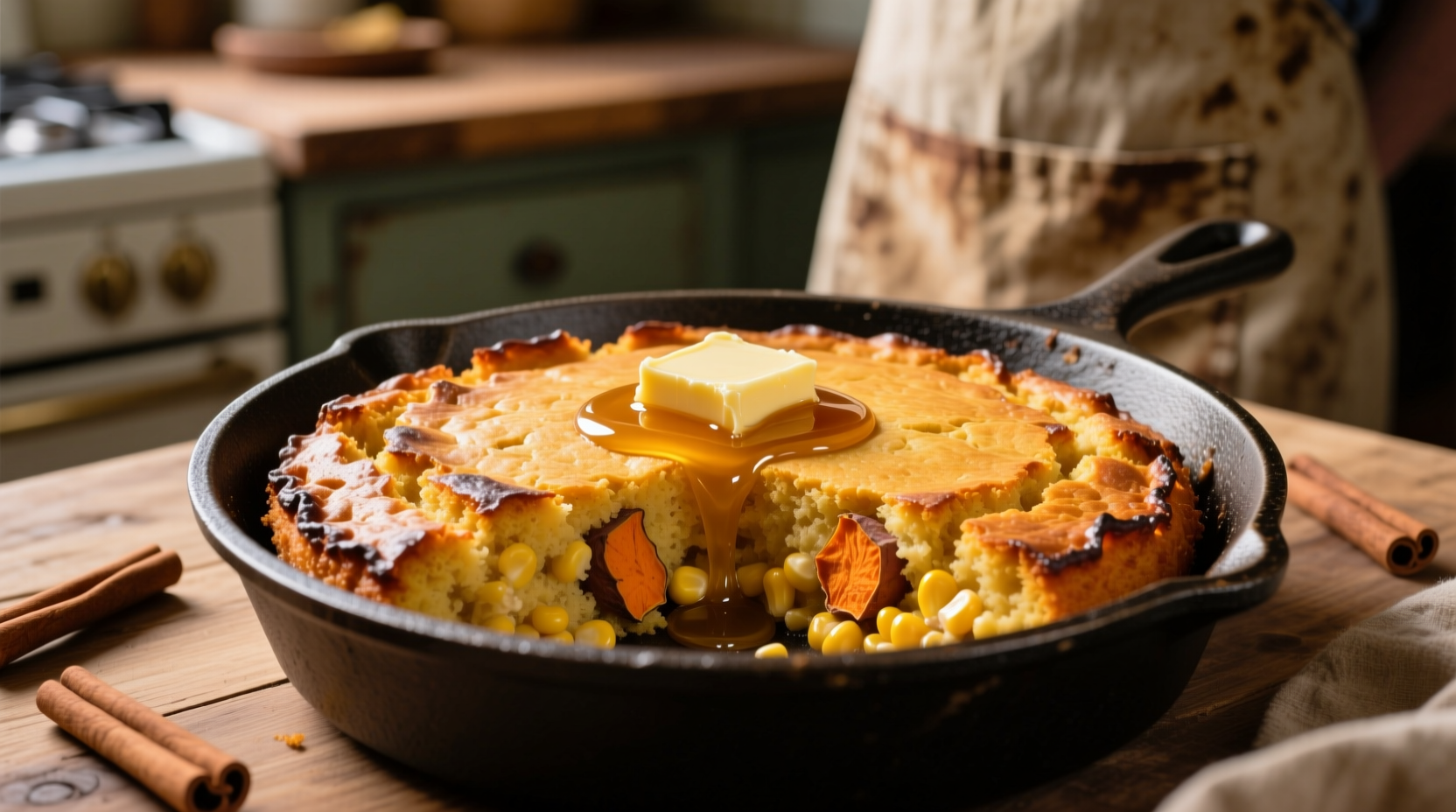 Golden honey butter sweet potato cornbread in cast iron skillet