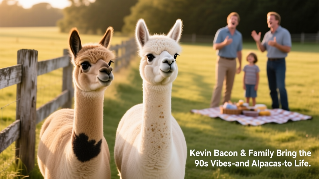 Close-up of two calm, attentive alpacas standing side by side in a grassy pasture near a wooden fence