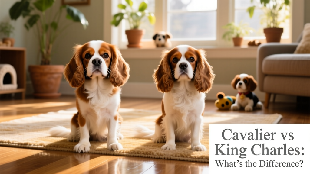 Side-by-side comparison showing the flatter face and domed head of a King Charles Spaniel versus the slightly longer muzzle and less pronounced dome of a Cavalier King Charles Spaniel