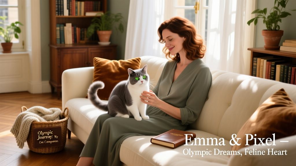 Emma seated on a cozy sofa in a sunlit Parisian living room, gently stroking Pixel the cat