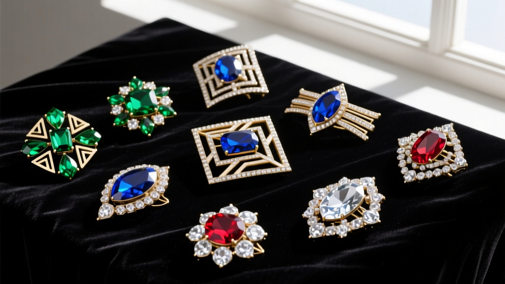 Flat lay of vintage rhinestone costume jewelry brooches on black velvet, showing Art Deco designs and bright glass stones.